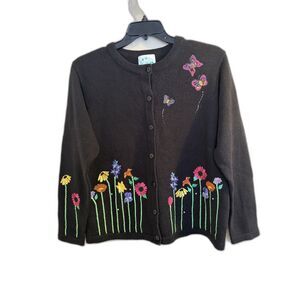 Quacker Factory Beaded Floral & Butterfly Cardigan Sweater - Size Large